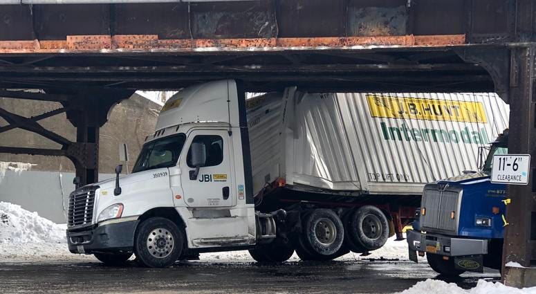 Truck hits Young Street overpass. February 28, 2019 (WBEN Photo/Mike Baggerman)